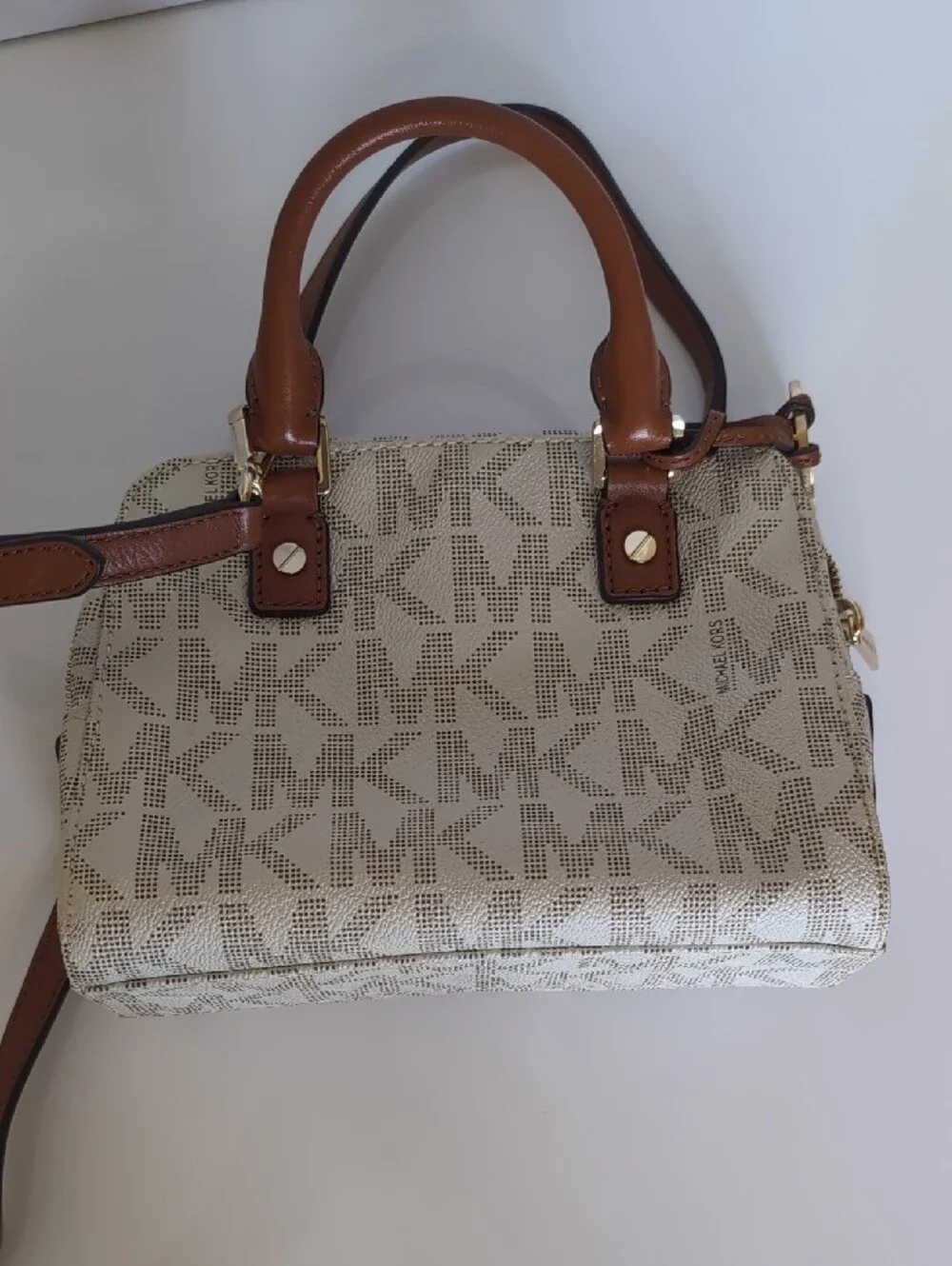 Michael Kors Cream and Brown Logo Satchel with Gold Accent